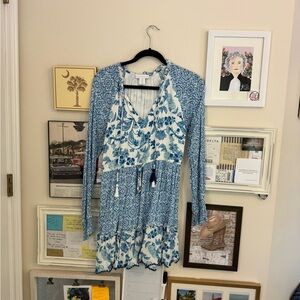 House of Harlow Blue and White Patterned Long Sleeve Dress Small